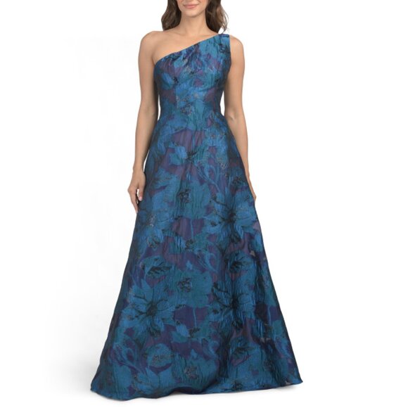 RENE BY RENE RUIZ Blue One Shoulder Floral Print Fil Coupe Gown - Picture 1 of 2